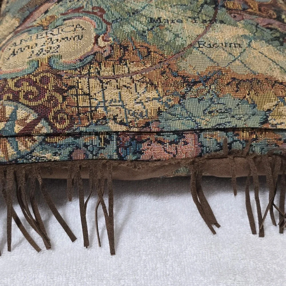 Old Style World Map Americas New World Woven Tapestry Fringe Pillow 13x13.5 READ
